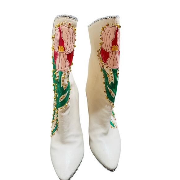 GUCCI Ivory Leather Floral ‘Fosca’ 2017 Pink Bottom Runway Booties Size 37 - Picture 5 of 16